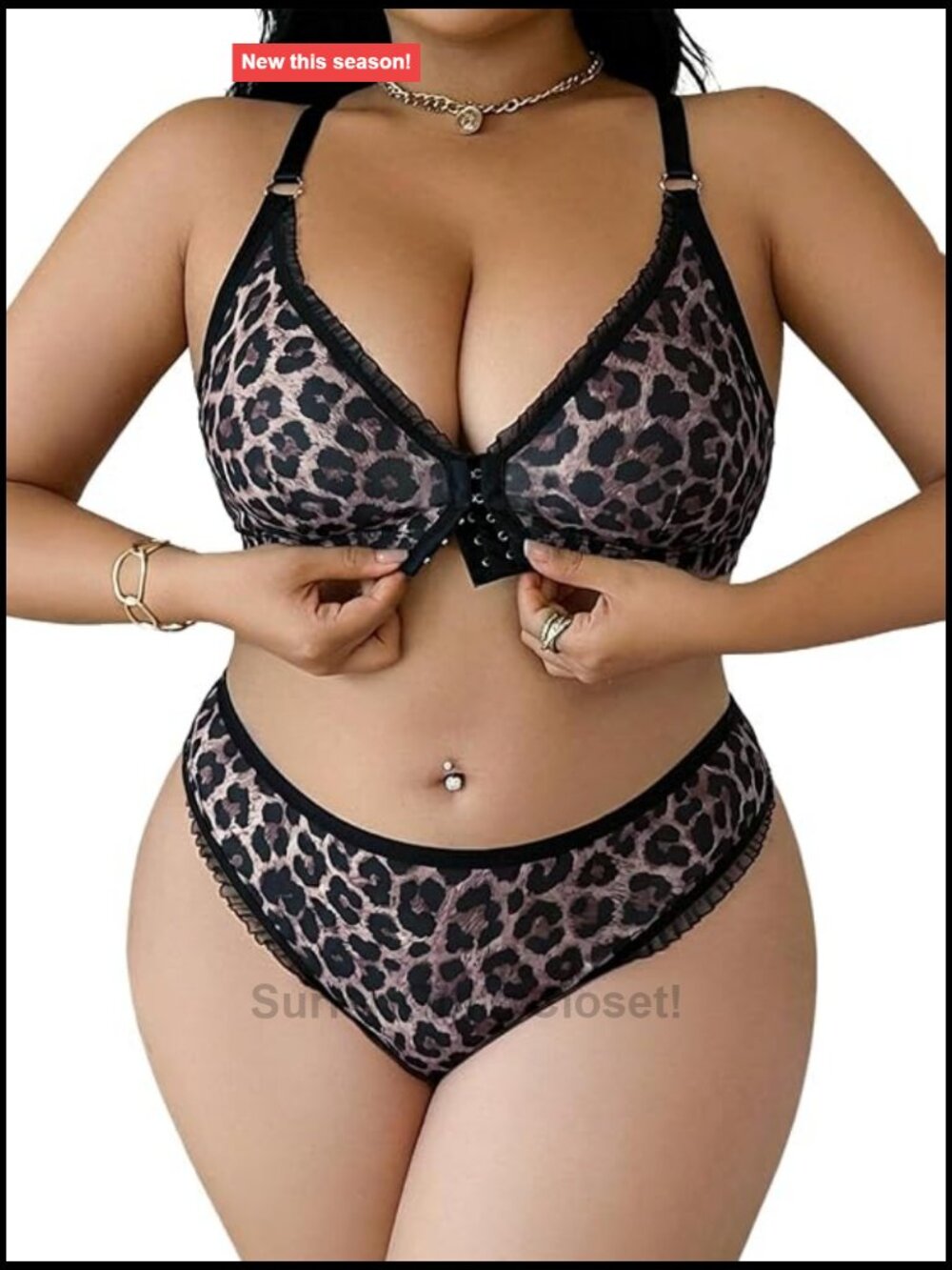 Plus Size Leopard Lace Sheer Lingerie Set Front Closure Bra Thongs 2-Piece
